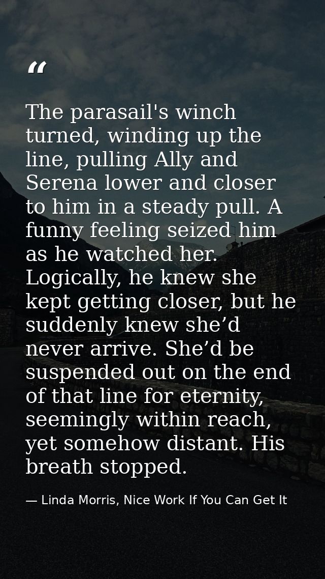 The parasail's winch turned, winding up the line, pulling Ally and Serena lower and closer to him in a steady pull. A fu — Linda Morris, Nice Work If You Can Get It