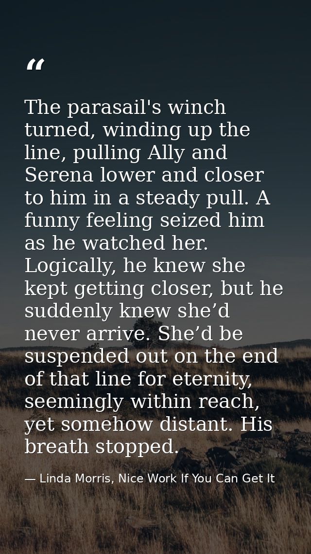 The parasail's winch turned, winding up the line, pulling Ally and Serena lower and closer to him in a steady pull. A fu — Linda Morris, Nice Work If You Can Get It