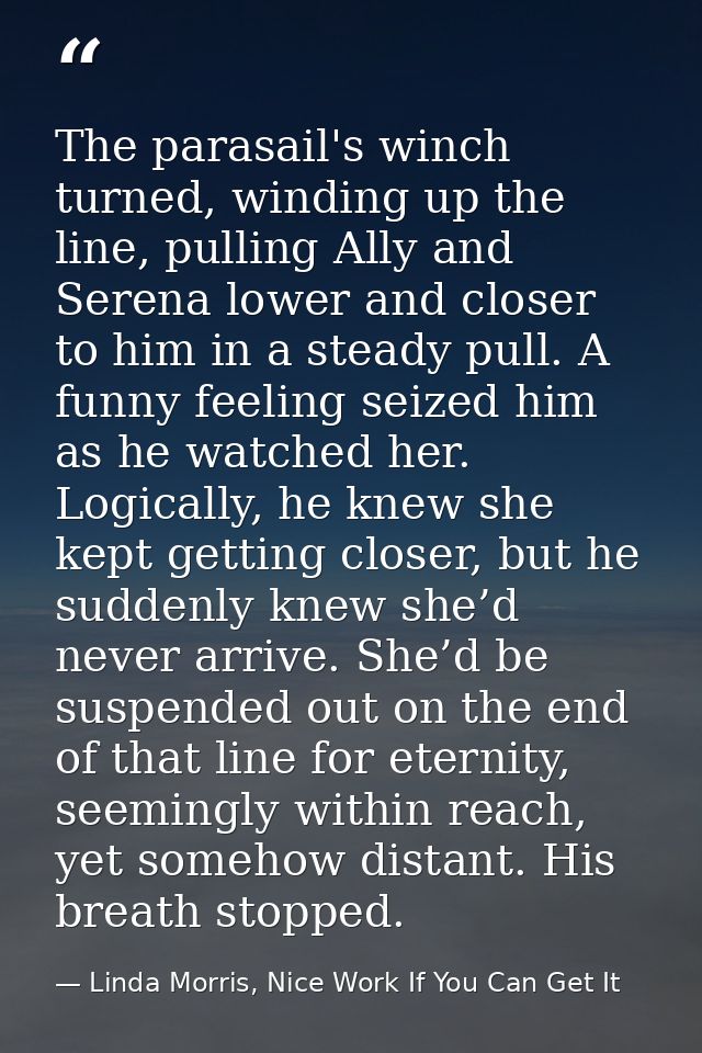 The parasail's winch turned, winding up the line, pulling Ally and Serena lower and closer to him in a steady pull. A fu — Linda Morris, Nice Work If You Can Get It