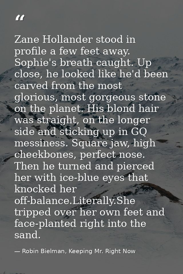 Zane Hollander stood in profile a few feet away. Sophie's breath caught. Up close, he looked like he'd been carved from  — Robin Bielman, Keeping Mr. Right Now