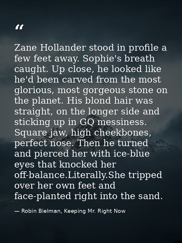 Zane Hollander stood in profile a few feet away. Sophie's breath caught. Up close, he looked like he'd been carved from  — Robin Bielman, Keeping Mr. Right Now