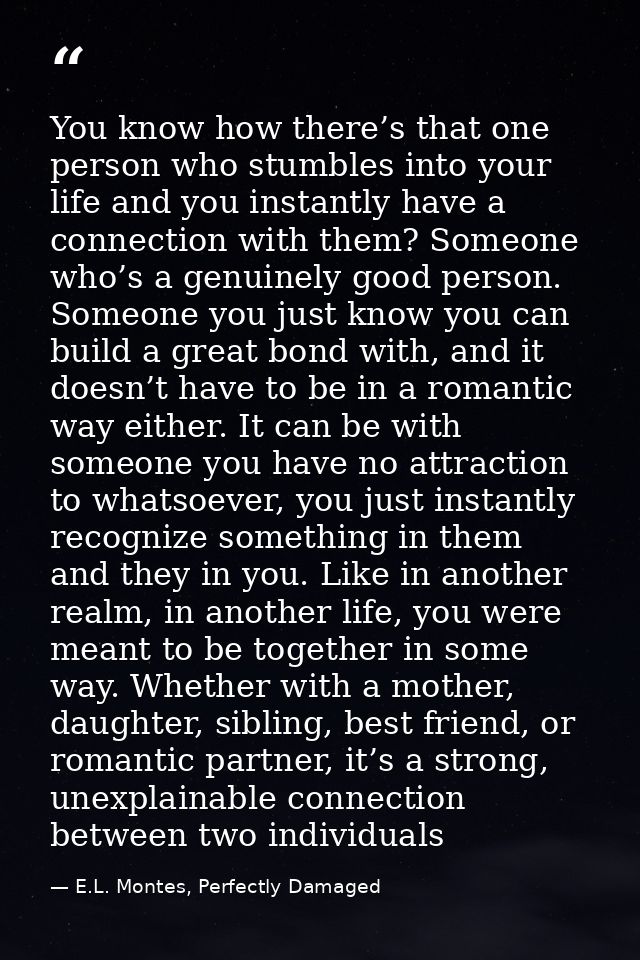 You know how there’s that one person who stumbles into your life and you instantly have a connection with them? Someone  — E.L. Montes, Perfectly Damaged