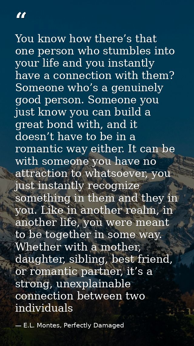 You know how there’s that one person who stumbles into your life and you instantly have a connection with them? Someone  — E.L. Montes, Perfectly Damaged