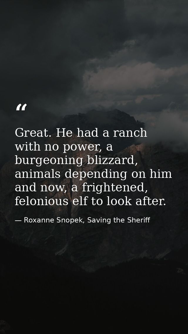 Great. He had a ranch with no power, a burgeoning blizzard, animals depending on him and now, a frightened, felonious el — Roxanne Snopek, Saving the Sheriff