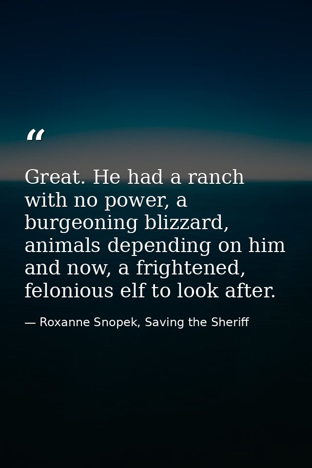 Great. He had a ranch with no power, a burgeoning blizzard, animals depending on him and now, a frightened, felonious el — Roxanne Snopek, Saving the Sheriff