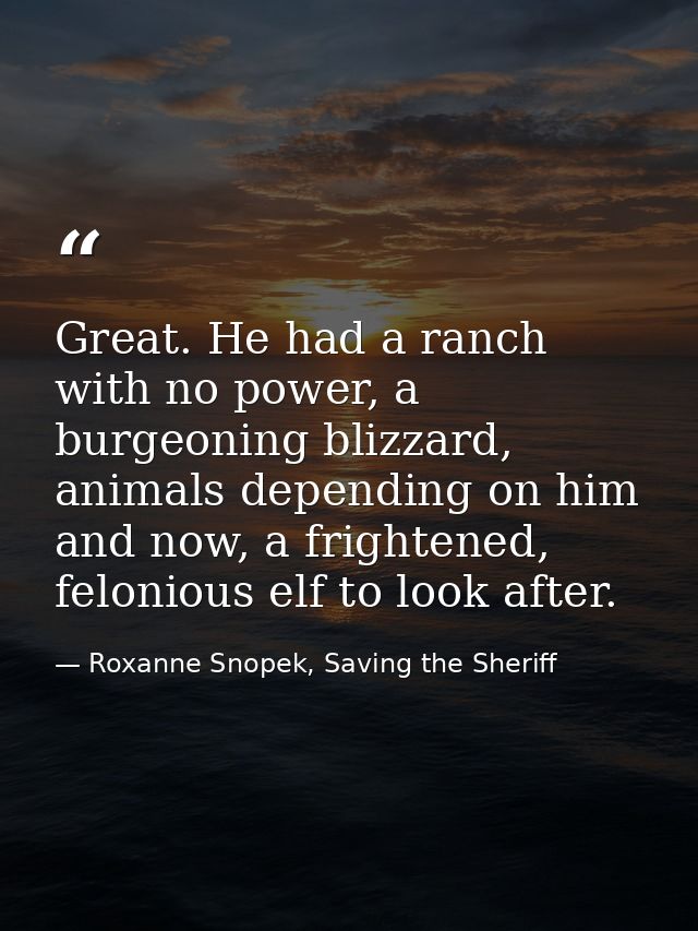 Great. He had a ranch with no power, a burgeoning blizzard, animals depending on him and now, a frightened, felonious el — Roxanne Snopek, Saving the Sheriff