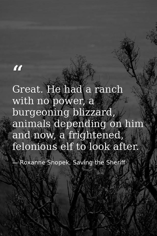 Great. He had a ranch with no power, a burgeoning blizzard, animals depending on him and now, a frightened, felonious el — Roxanne Snopek, Saving the Sheriff