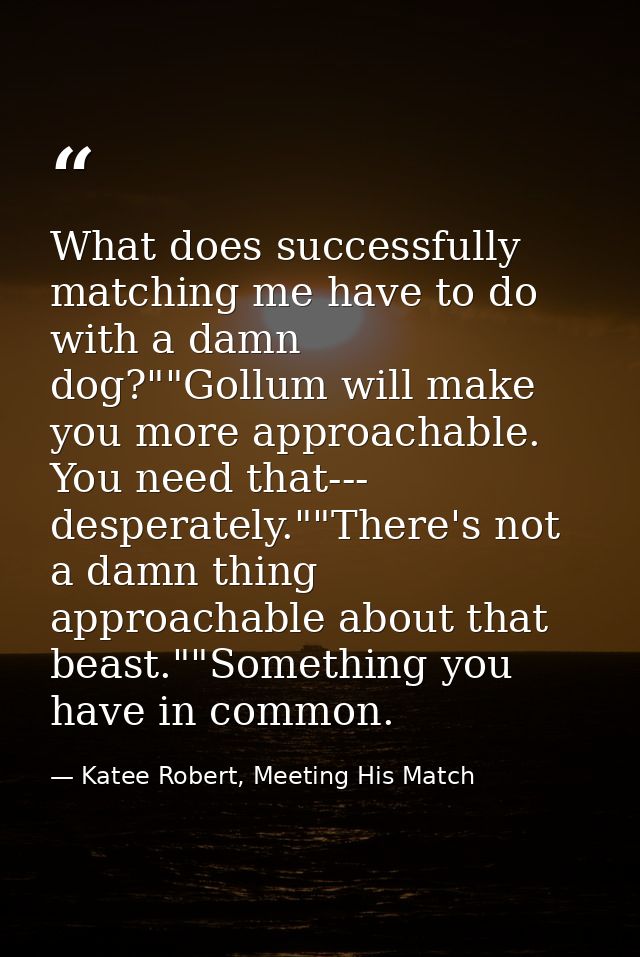 What does successfully matching me have to do with a damn dog?""Gollum will make you more approachable. You need that--- — Katee Robert, Meeting His Match
