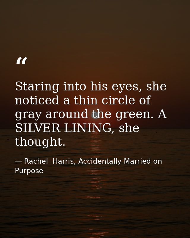 Staring into his eyes, she noticed a thin circle of gray around the green. A SILVER LINING, she thought. — Rachel  Harris, Accidentally Married on Purpose
