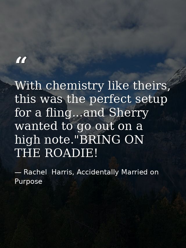 With chemistry like theirs, this was the perfect setup for a fling...and Sherry wanted to go out on a high note."BRING O — Rachel  Harris, Accidentally Married on Purpose