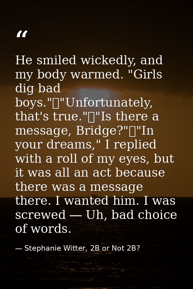 He smiled wickedly, and my body warmed. "Girls dig bad boys."	"Unfortunately, that's true."	"Is there a message, Bridge? — Stephanie Witter, 2B or Not 2B?