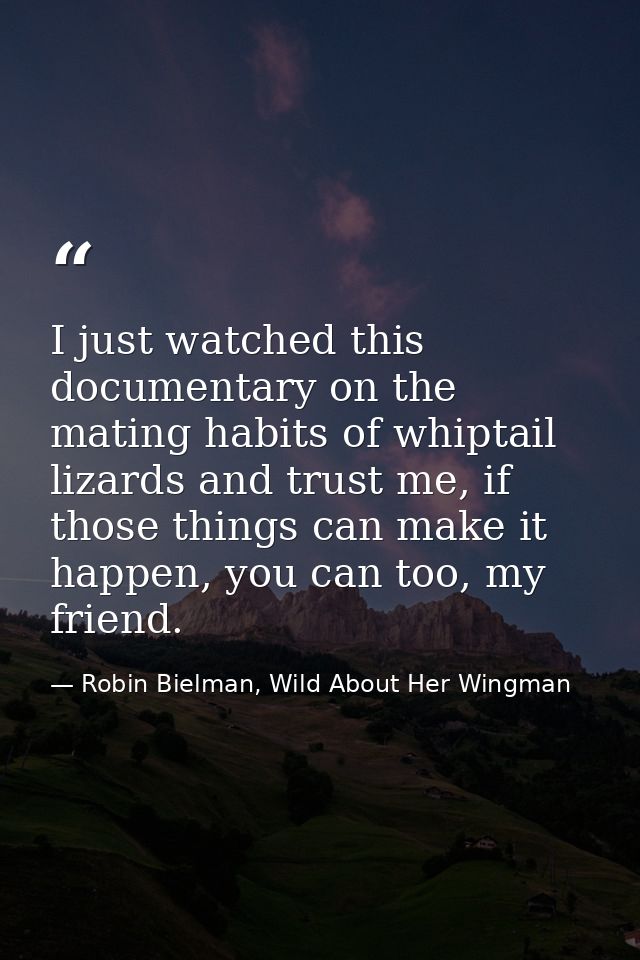 I just watched this documentary on the mating habits of whiptail lizards and trust me, if those things can make it happe — Robin Bielman, Wild About Her Wingman