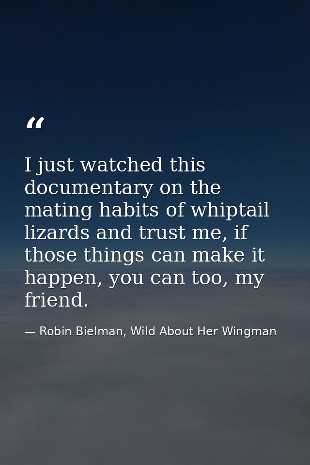 I just watched this documentary on the mating habits of whiptail lizards and trust me, if those things can make it happe — Robin Bielman, Wild About Her Wingman