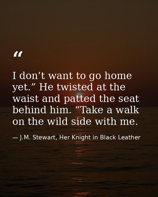 I don’t want to go home yet.” He twisted at the waist and patted the seat behind him. “Take a walk on the wild side with — J.M. Stewart, Her Knight in Black Leather