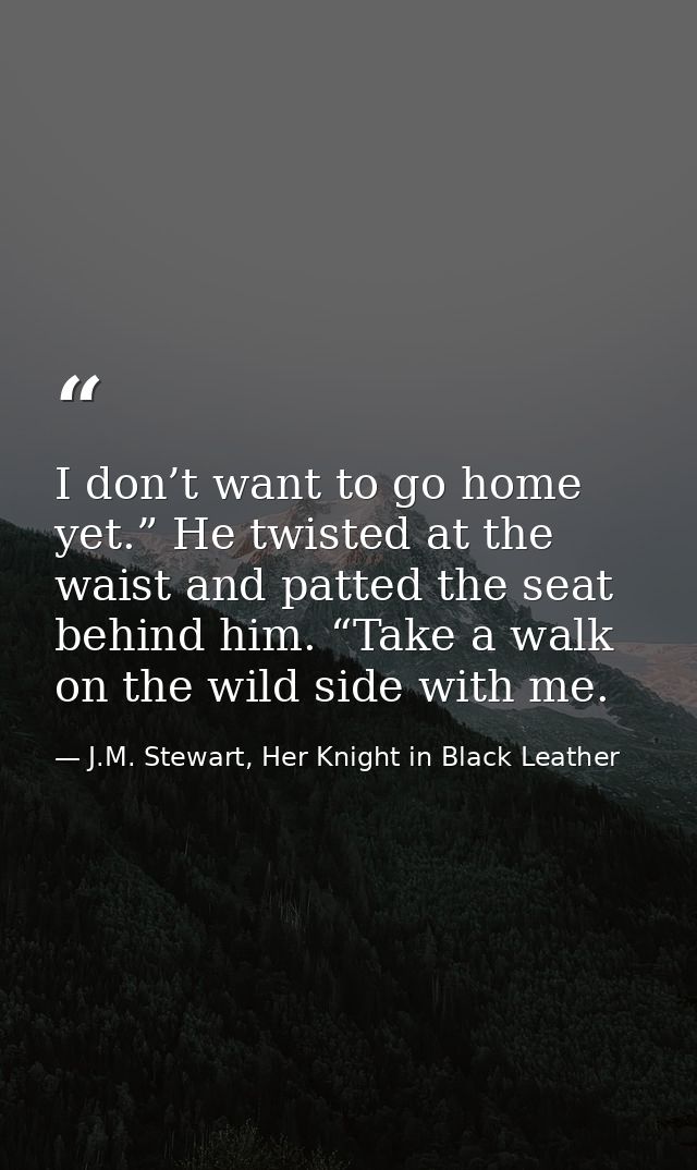 I don’t want to go home yet.” He twisted at the waist and patted the seat behind him. “Take a walk on the wild side with — J.M. Stewart, Her Knight in Black Leather