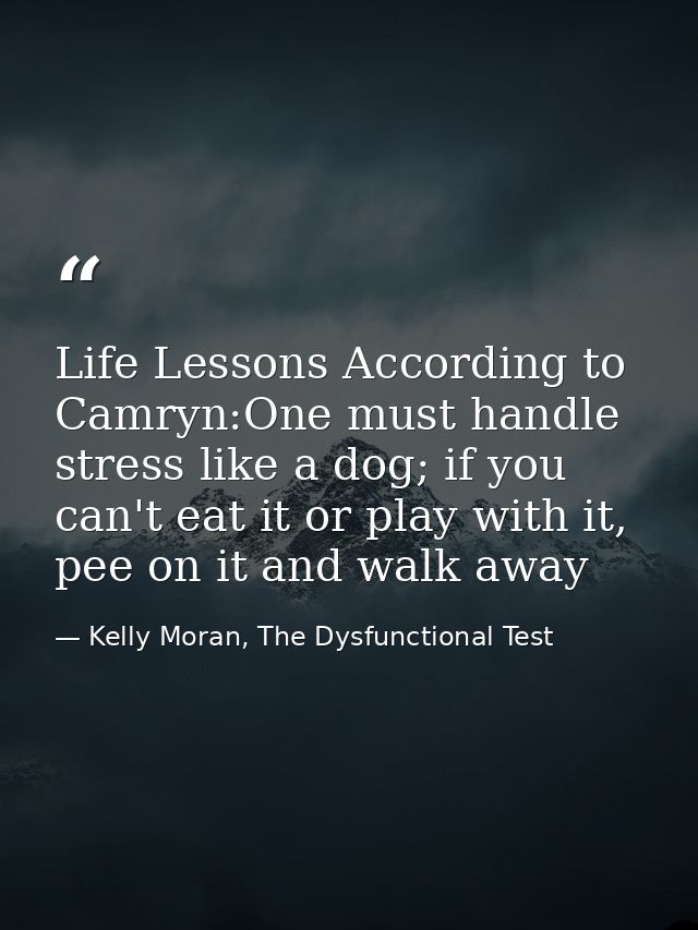 Life Lessons According to Camryn:One must handle stress like a dog; if you can't eat it or play with it, pee on it and w — Kelly Moran, The Dysfunctional Test