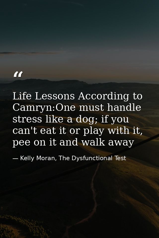 Life Lessons According to Camryn:One must handle stress like a dog; if you can't eat it or play with it, pee on it and w — Kelly Moran, The Dysfunctional Test