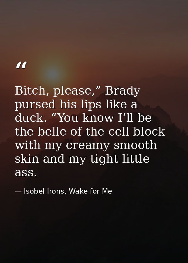 Bitch, please,” Brady pursed his lips like a duck. “You know I’ll be the belle of the cell block with my creamy smooth s — Isobel Irons, Wake for Me