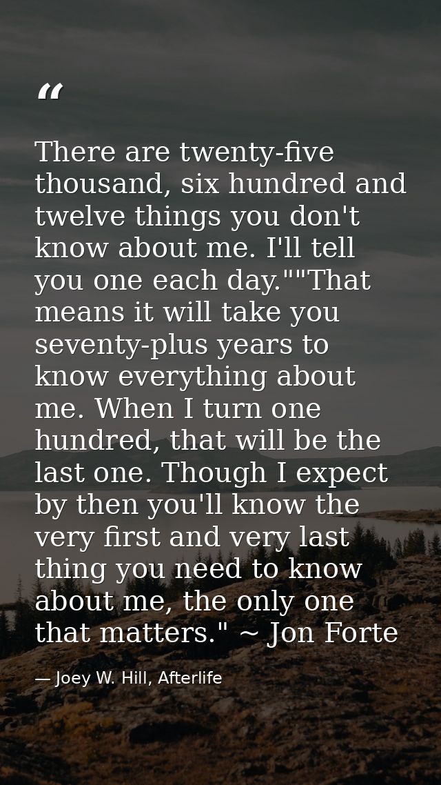 There are twenty-five thousand, six hundred and twelve things you don't know about me. I'll tell you one each day.""That — Joey W. Hill, Afterlife