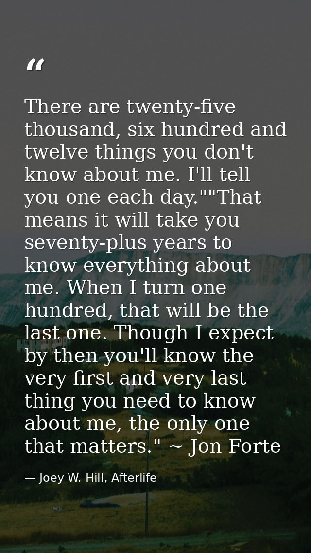 There are twenty-five thousand, six hundred and twelve things you don't know about me. I'll tell you one each day.""That — Joey W. Hill, Afterlife