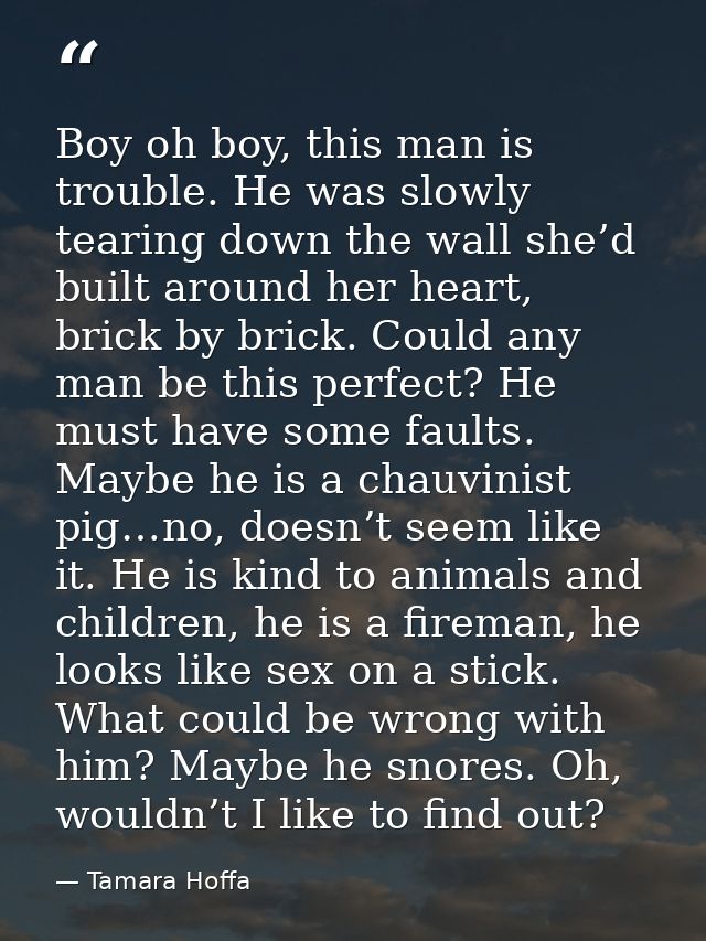Boy oh boy, this man is trouble. He was slowly tearing down the wall she’d built around her heart, brick by brick. Could — Tamara Hoffa
