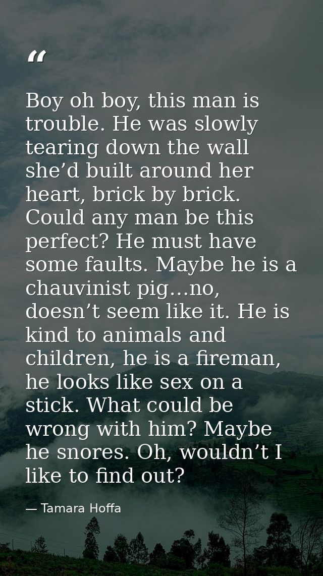Boy oh boy, this man is trouble. He was slowly tearing down the wall she’d built around her heart, brick by brick. Could — Tamara Hoffa
