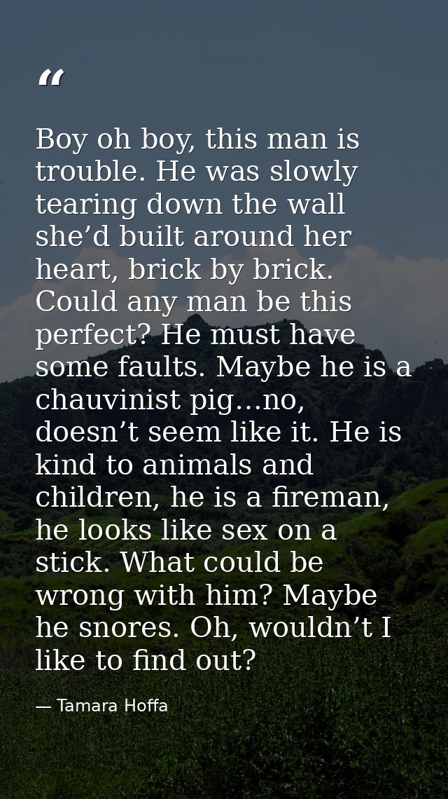 Boy oh boy, this man is trouble. He was slowly tearing down the wall she’d built around her heart, brick by brick. Could — Tamara Hoffa