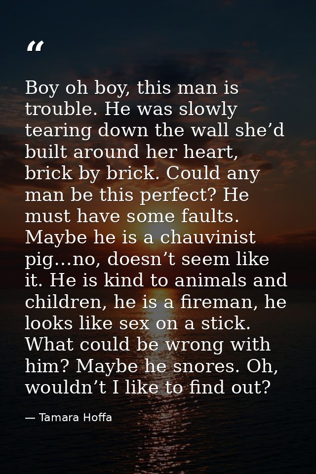 Boy oh boy, this man is trouble. He was slowly tearing down the wall she’d built around her heart, brick by brick. Could — Tamara Hoffa