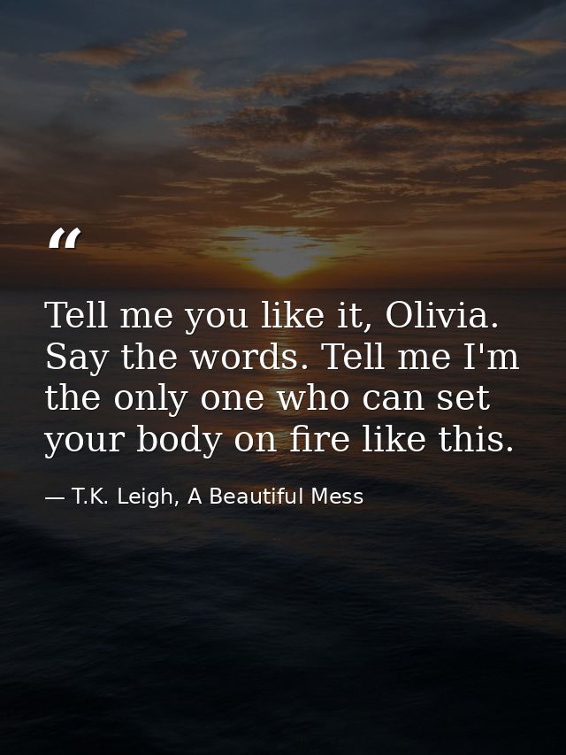 Tell me you like it, Olivia. Say the words. Tell me I'm the only one who can set your body on fire like this. — T.K. Leigh, A Beautiful Mess