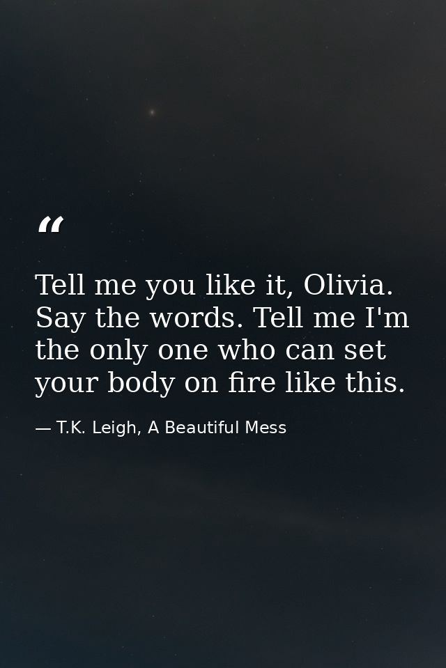 Tell me you like it, Olivia. Say the words. Tell me I'm the only one who can set your body on fire like this. — T.K. Leigh, A Beautiful Mess