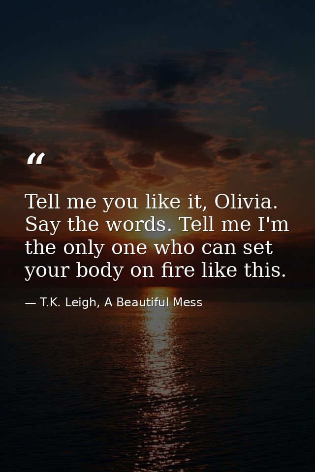 Tell me you like it, Olivia. Say the words. Tell me I'm the only one who can set your body on fire like this. — T.K. Leigh, A Beautiful Mess