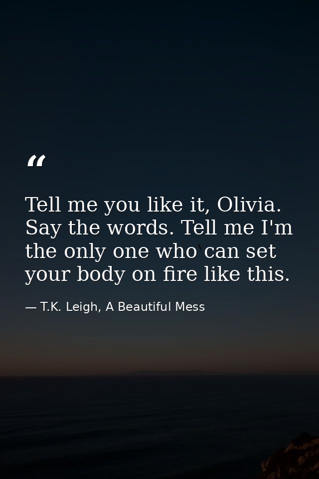 Tell me you like it, Olivia. Say the words. Tell me I'm the only one who can set your body on fire like this. — T.K. Leigh, A Beautiful Mess