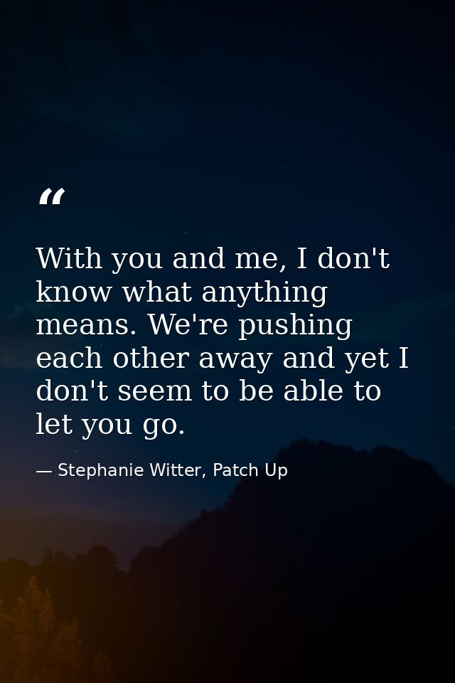 With you and me, I don't know what anything means. We're pushing each other away and yet I don't seem to be able to let  — Stephanie Witter, Patch Up