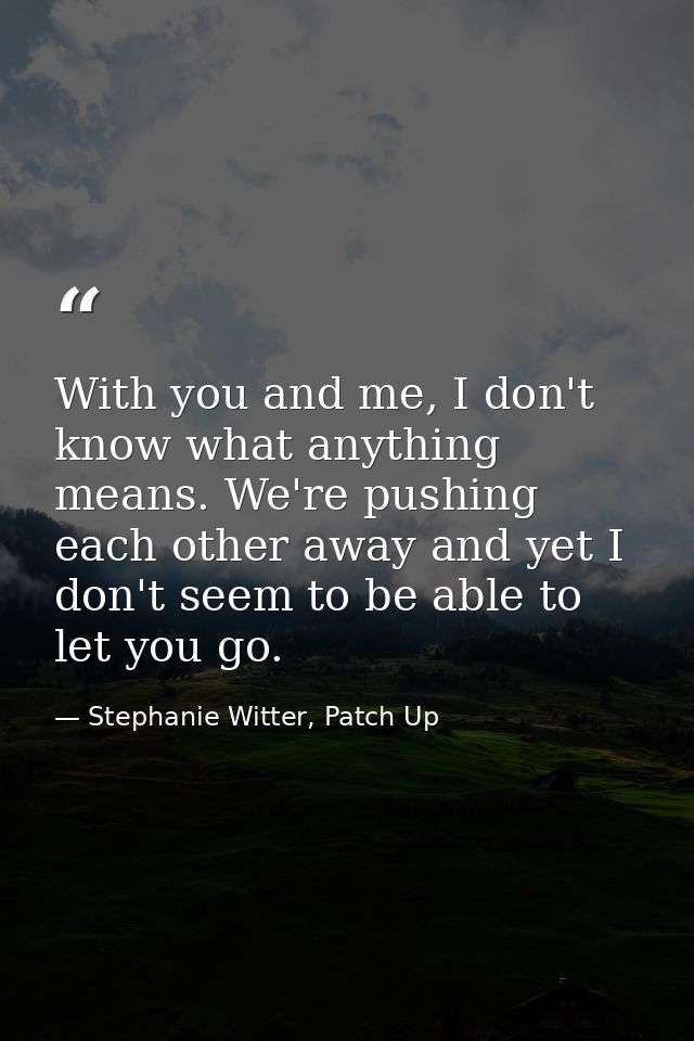 With you and me, I don't know what anything means. We're pushing each other away and yet I don't seem to be able to let  — Stephanie Witter, Patch Up
