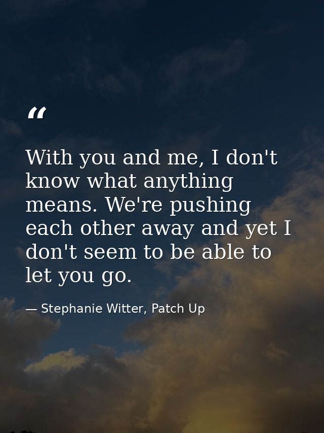 With you and me, I don't know what anything means. We're pushing each other away and yet I don't seem to be able to let  — Stephanie Witter, Patch Up