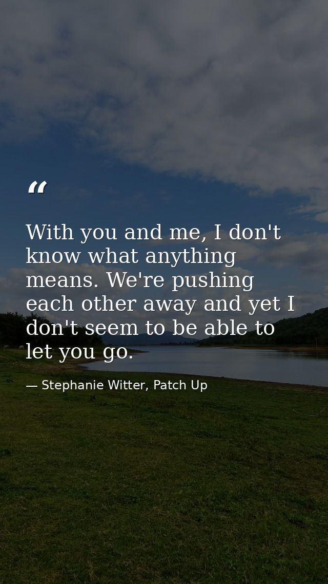 With you and me, I don't know what anything means. We're pushing each other away and yet I don't seem to be able to let  — Stephanie Witter, Patch Up