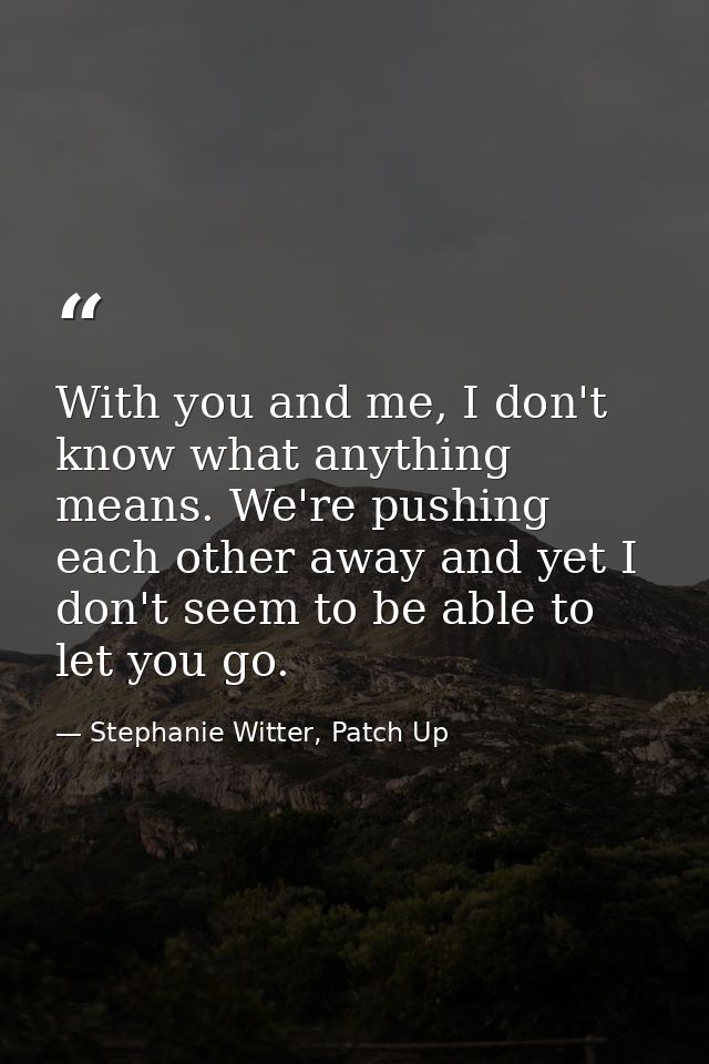 With you and me, I don't know what anything means. We're pushing each other away and yet I don't seem to be able to let  — Stephanie Witter, Patch Up