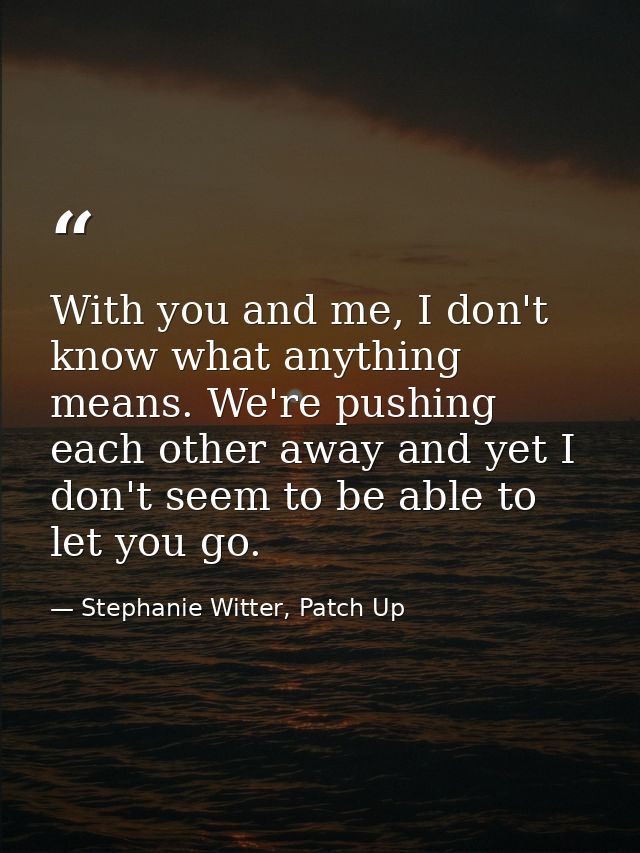 With you and me, I don't know what anything means. We're pushing each other away and yet I don't seem to be able to let  — Stephanie Witter, Patch Up