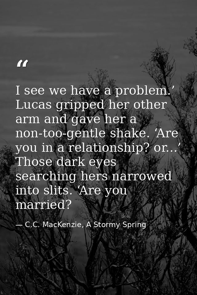 I see we have a problem.’ Lucas gripped her other arm and gave her a non-too-gentle shake. ‘Are you in a relationship? o — C.C. MacKenzie, A Stormy Spring