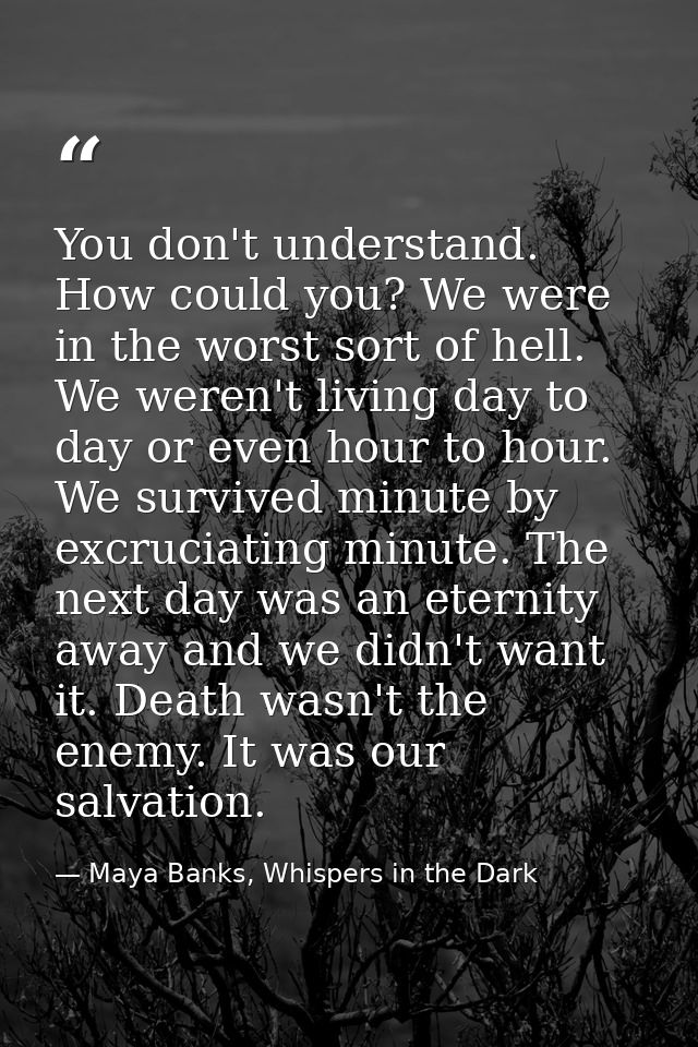You don't understand. How could you? We were in the worst sort of hell. We weren't living day to day or even hour to hou — Maya Banks, Whispers in the Dark