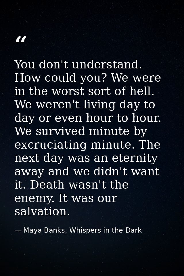 You don't understand. How could you? We were in the worst sort of hell. We weren't living day to day or even hour to hou — Maya Banks, Whispers in the Dark