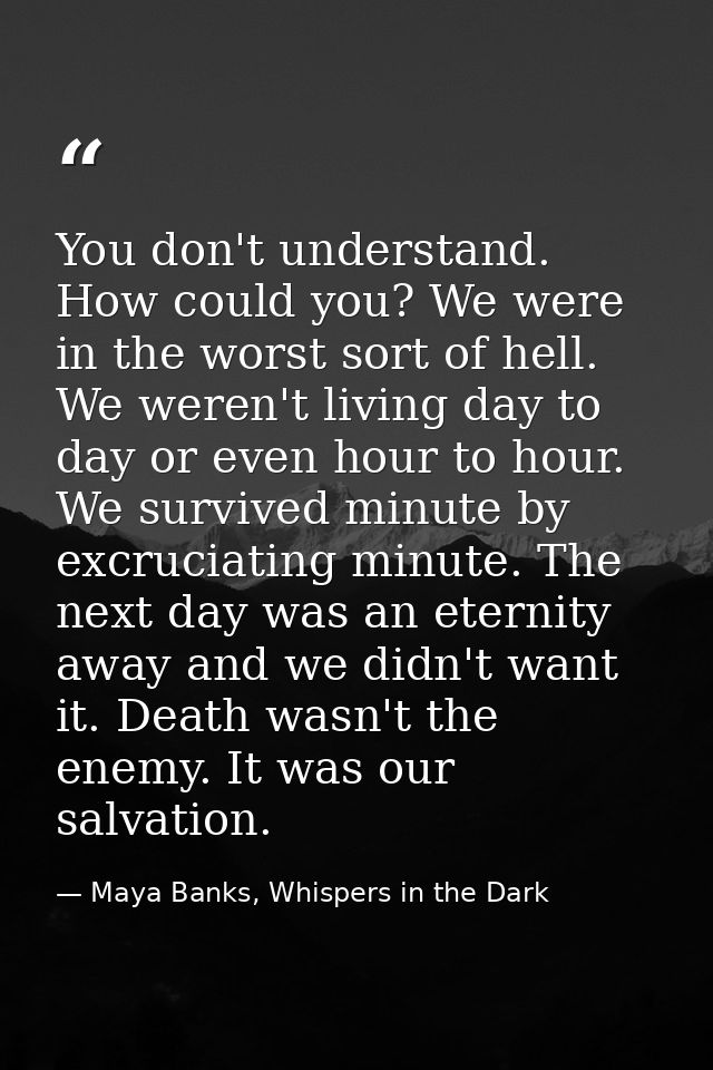 You don't understand. How could you? We were in the worst sort of hell. We weren't living day to day or even hour to hou — Maya Banks, Whispers in the Dark
