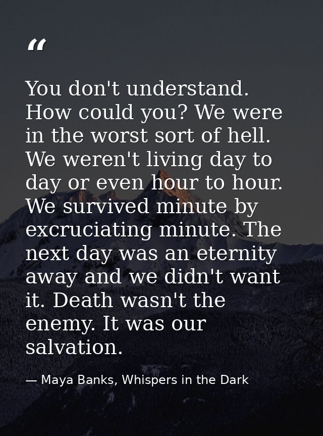 You don't understand. How could you? We were in the worst sort of hell. We weren't living day to day or even hour to hou — Maya Banks, Whispers in the Dark