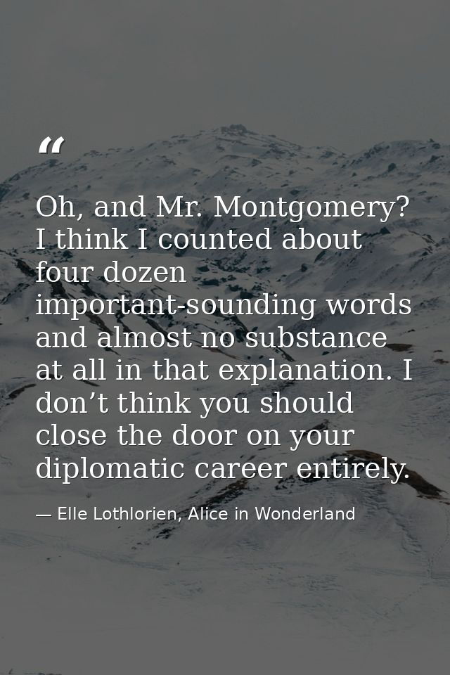 Oh, and Mr. Montgomery? I think I counted about four dozen important-sounding words and almost no substance at all in th — Elle Lothlorien, Alice in Wonderland