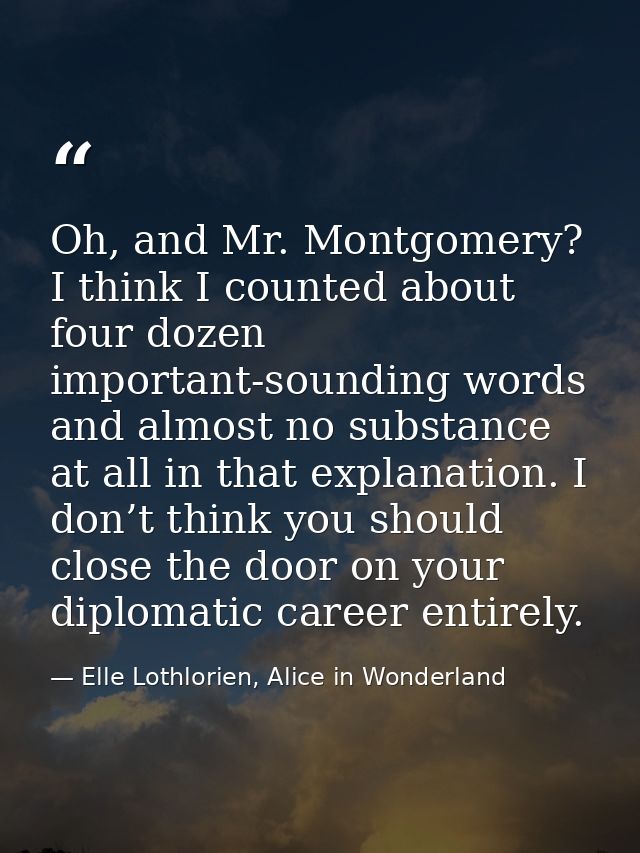 Oh, and Mr. Montgomery? I think I counted about four dozen important-sounding words and almost no substance at all in th — Elle Lothlorien, Alice in Wonderland