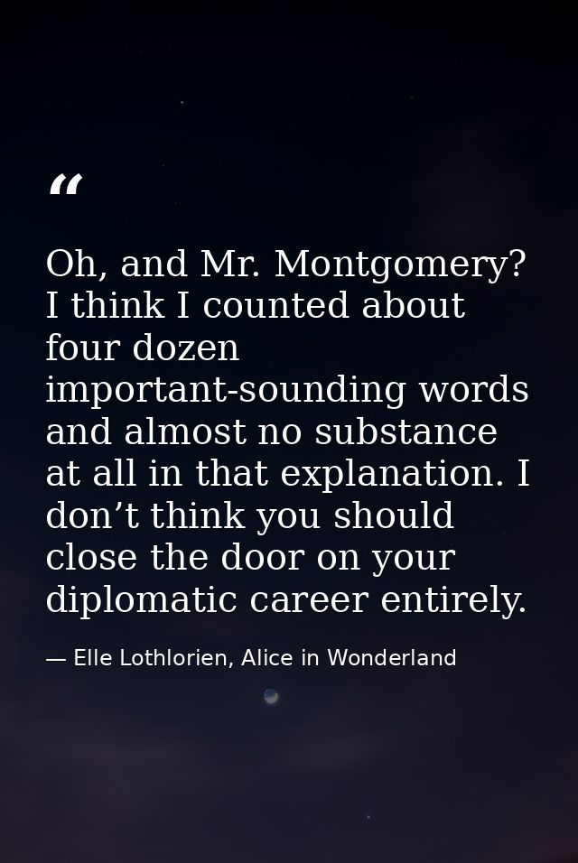 Oh, and Mr. Montgomery? I think I counted about four dozen important-sounding words and almost no substance at all in th — Elle Lothlorien, Alice in Wonderland
