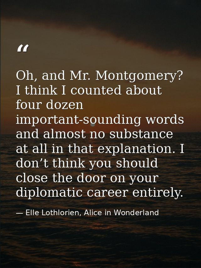 Oh, and Mr. Montgomery? I think I counted about four dozen important-sounding words and almost no substance at all in th — Elle Lothlorien, Alice in Wonderland