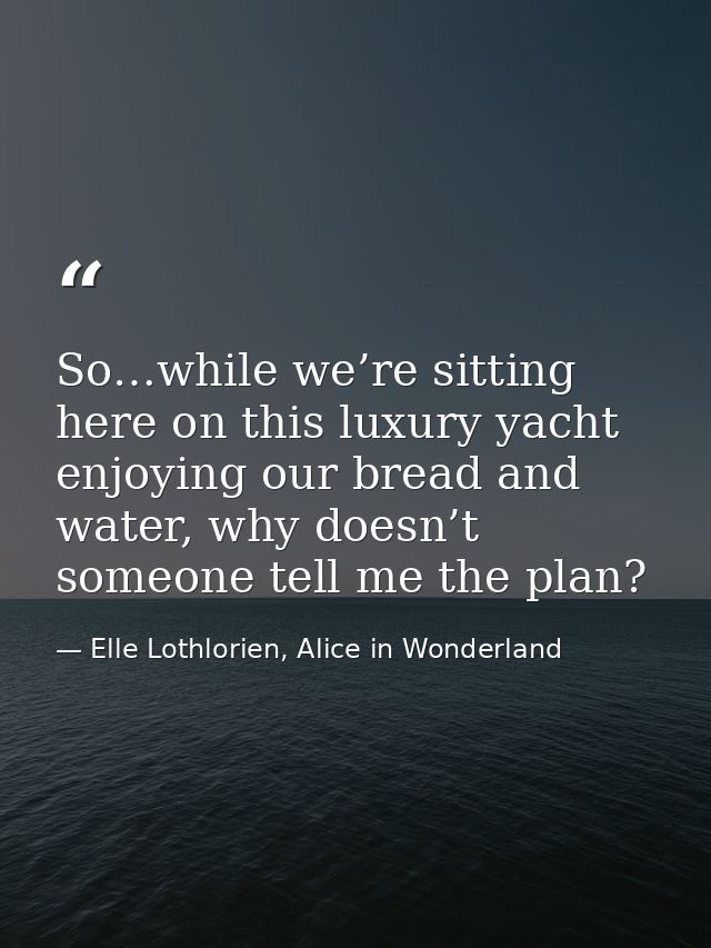 So…while we’re sitting here on this luxury yacht enjoying our bread and water, why doesn’t someone tell me the plan? — Elle Lothlorien, Alice in Wonderland