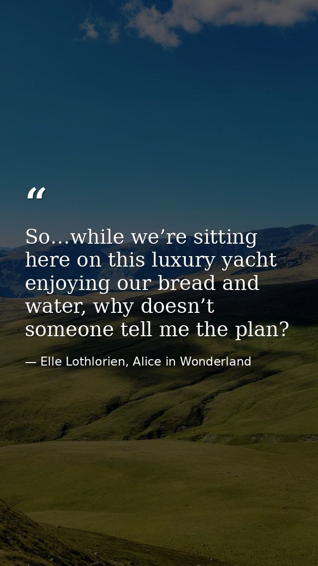 So…while we’re sitting here on this luxury yacht enjoying our bread and water, why doesn’t someone tell me the plan? — Elle Lothlorien, Alice in Wonderland
