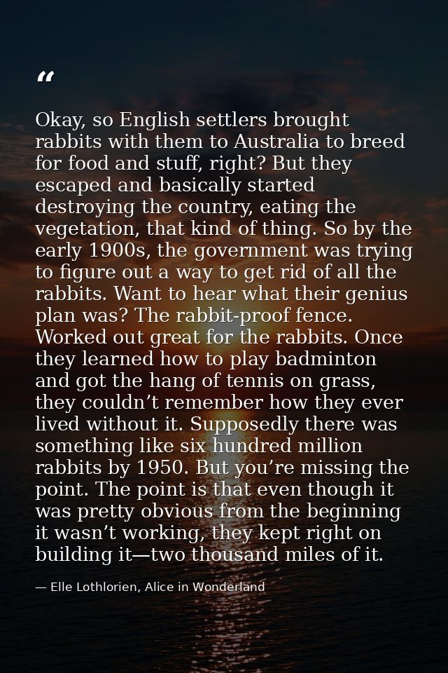 Okay, so English settlers brought rabbits with them to Australia to breed for food and stuff, right? But they escaped an — Elle Lothlorien, Alice in Wonderland